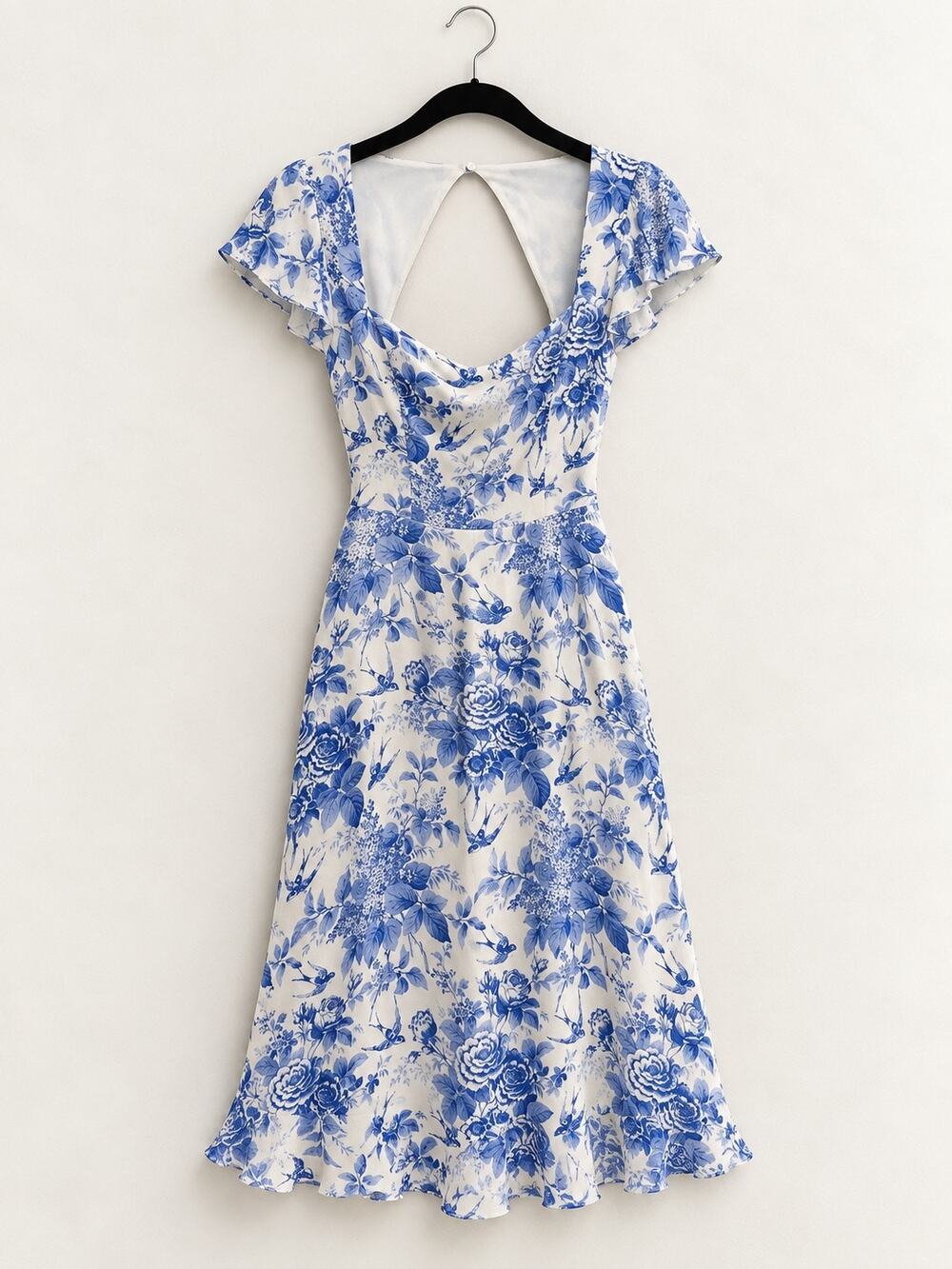 Reformation Blue Cream Floral Short Sleeve Open Back Dress Size 6